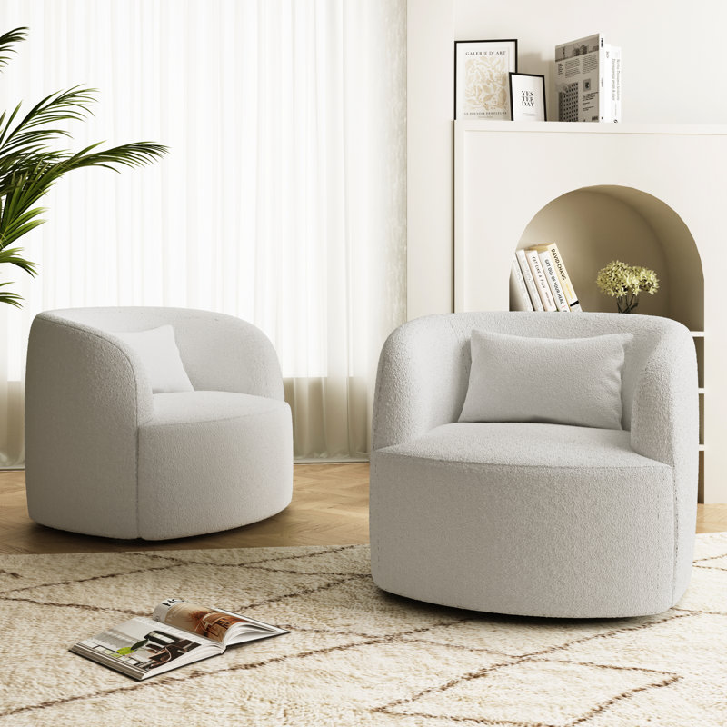 Upholstered Sherpa Swivel Barrel Chair, Beige Teddy Velvet