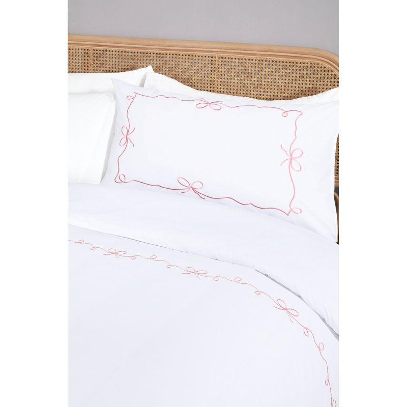 Embroidered Bows Cotton Blend Duvet Cover Set, Super King, White