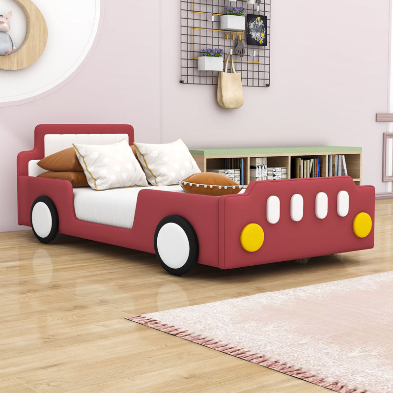Twin Upholstered Platform Bed with Headboard, Red
