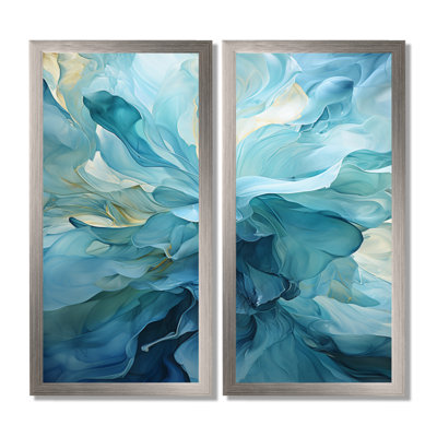 Aqua Blue And White Serenity Swirl - Abstract Spirals Wall Art, Blue Abstract Canvas Print Set Of 2