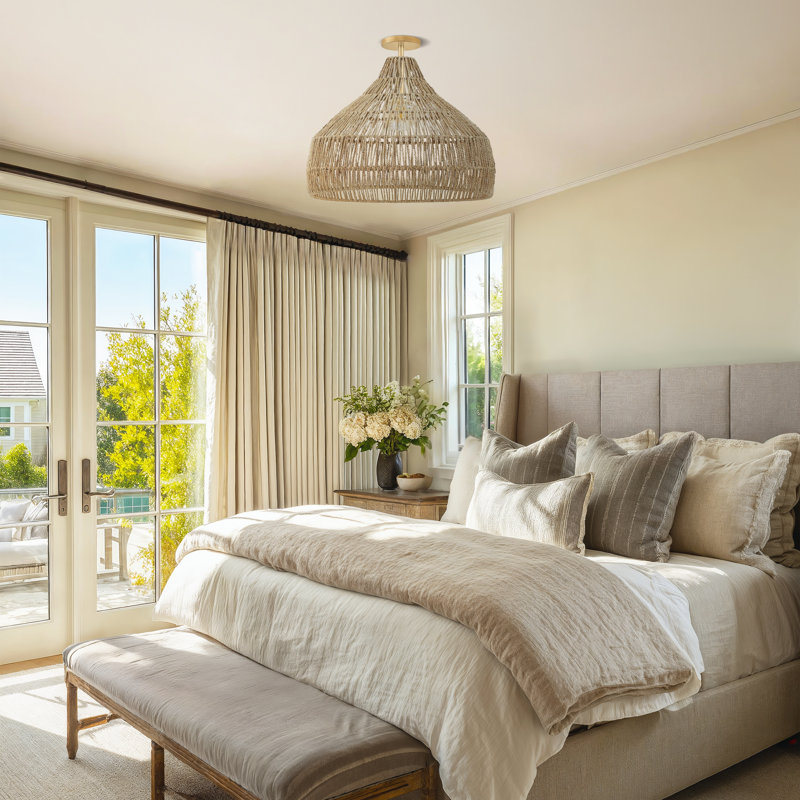 Dreamy Flush Mount Light – Palm Fibers & Brown Medium Dome 1-light Plug-in Or Hardwired Adjustable Flush Mount For Bedroom Or Hallway In Modern, Boho, And Transitional Style