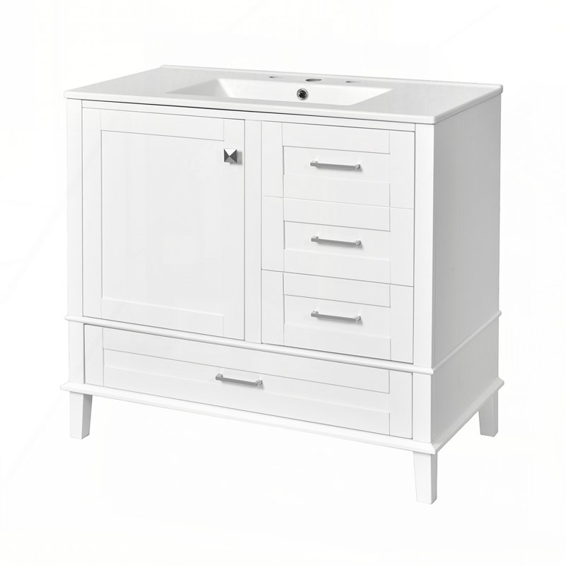 36" Bathroom Vanity with Solid Pine Frame, 1 Soft Close Door and 3 Drawers , Modern Storage Cabinet, Wihite