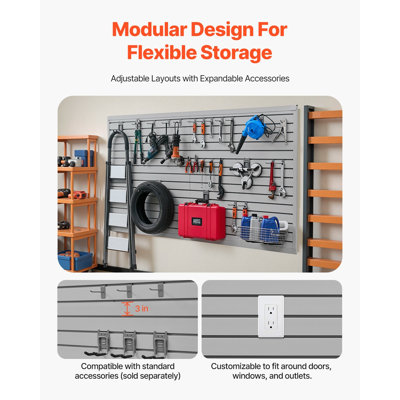 Panneau de lattes, panneau de garage en PVC avec accessoires, panneau de lattes gris facile à installer avec structure de couplage et découpage bricolage, convient au rangement et à la présentation