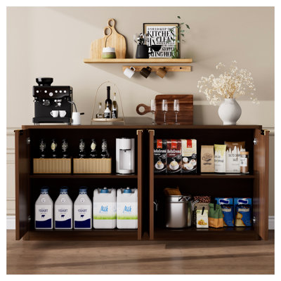Buffet ondulé 59 pouces avec contour incurvé moderne, armoire de rangement à 4 portes en noyer pour le salon, la cuisine et la chambre à coucher