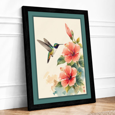 Hummingbird and Coral Blooms Botanical - Framed Print