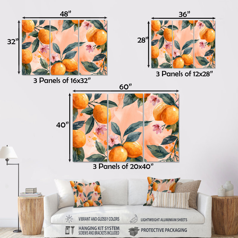 Ensemble d'art mural jaune, jaune, floral, orange, arbres III - fruits, Sans cadre, H 28 po x l 36 po
