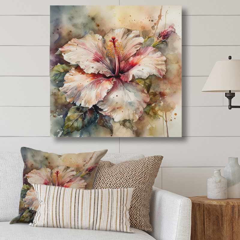Romay, rose, beige, hibiscus euphorie sur toile, H 16 po x l 16 po x P 1 po, Toile tendue
