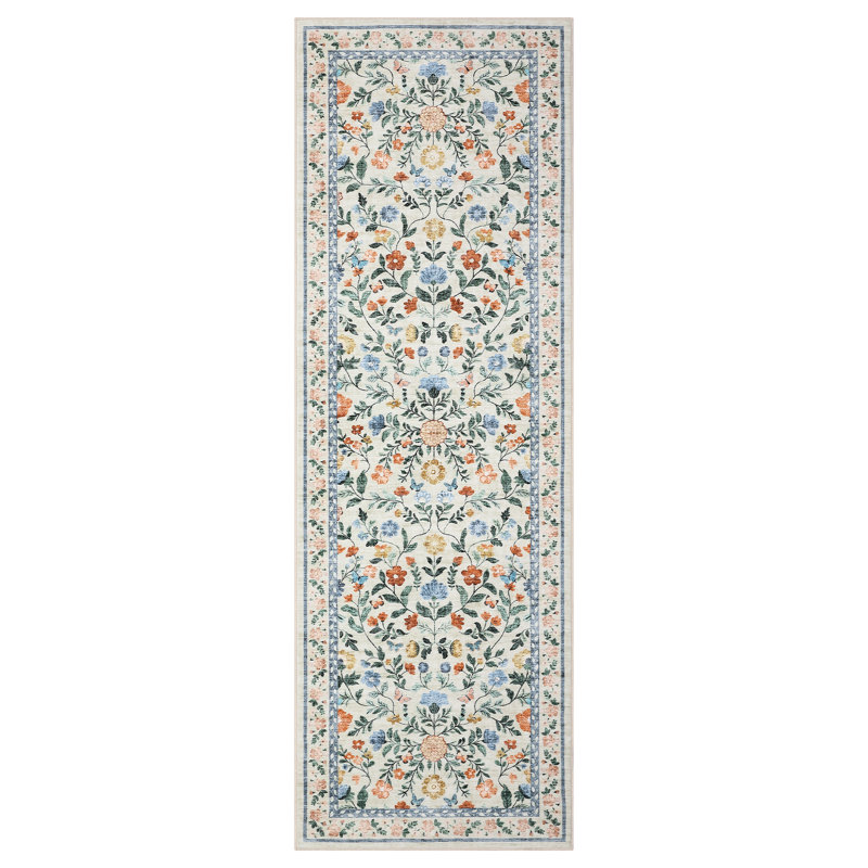 Floral Machine Washable Rug for Living Room, Non-Slip Vintage Floor Mats, Stain-Resistant Soft Faux Wool Farmhouse Indoor Carpet for Bedroom, Nursery, Dining Room