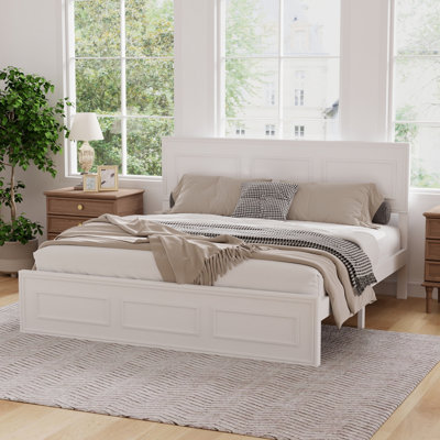 Structure de lit grand lit en pin avec tête de lit à hauteur réglable, lit en bois massif avec support à lattes solide, rangement, blanc