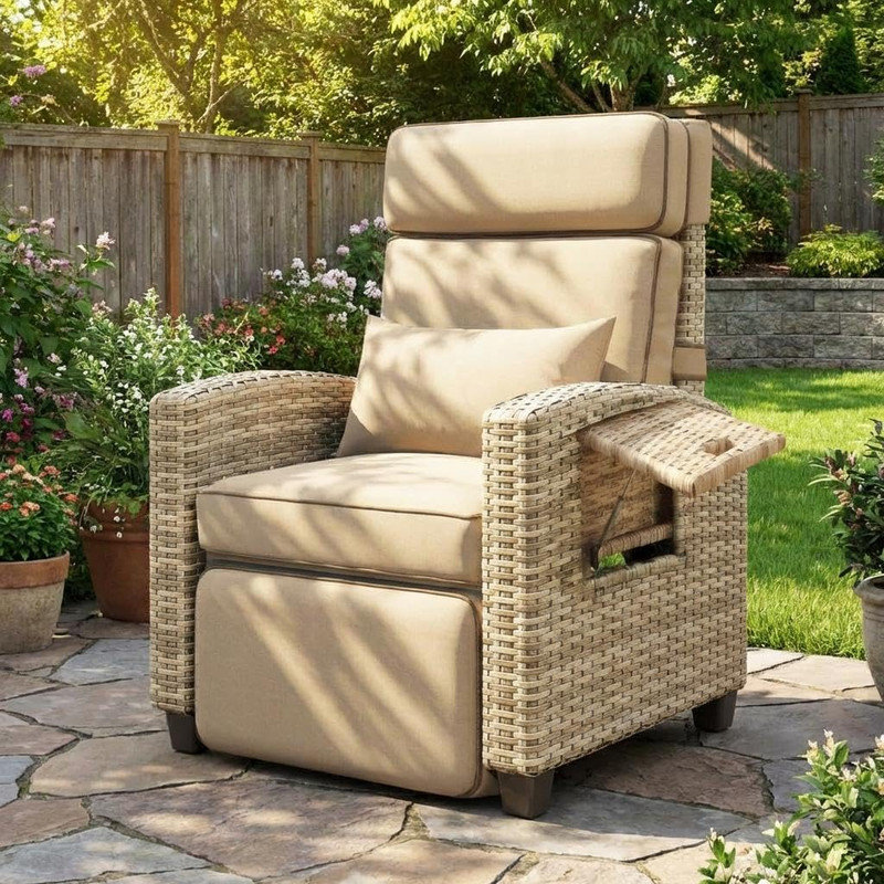 Fauteuil inclinable d'extérieur avec dossier et repose-pieds réglables à 145 °, coussin amovible, table d'appoint rabattable, osier en polyéthylène résistant aux intempéries et structure en acier pour piscine, terrasse et balcon