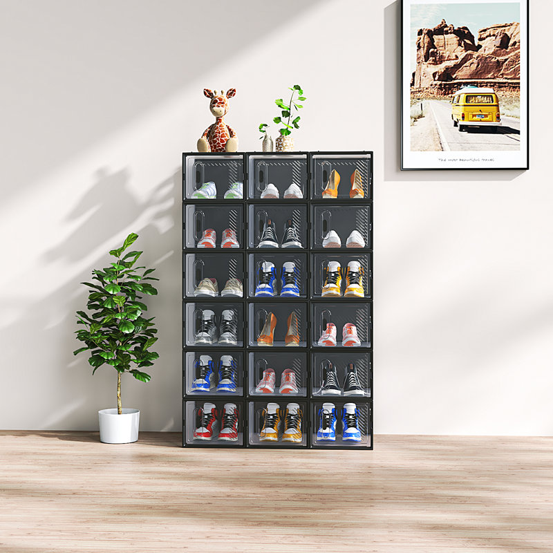 Medium Shoe Storage Box Organizers Stackable (Set Of 18), Clear/Black