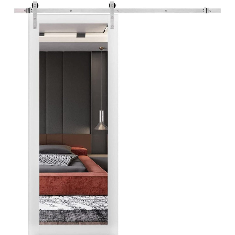Porte de grange robuste Lucia 1299 Blanc Soie, rail de 2 m (6,6 pi), quincaillerie lourde, portes intérieures modernes à panneaux pleins - 91,4 cm x 213,4 cm (36 po x 84 po) - Miroir - Rail argenté