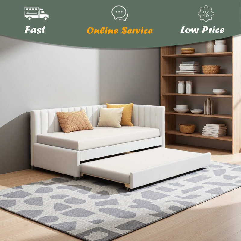 Upholstered Daybed With Trundle Twin Size Sofa Bed, Beige