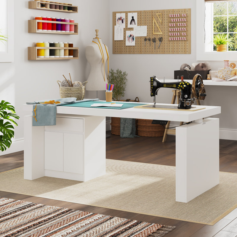 Height Adjustable Craft Table With Storage Cabinet,White