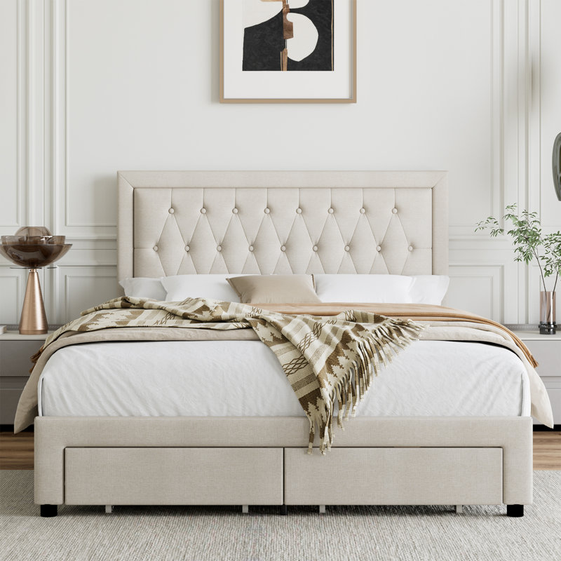 Emanuell Linen Upholstered Platform Bed with 2 Drawers, Storage Bed Frame With Tufted & Height-Adjustable Headboard, Queen