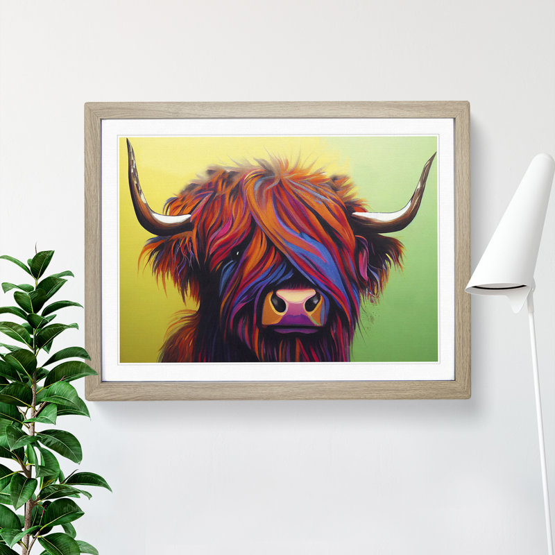 XH1022-1013X Attractive Highland Cow - Single Picture Frame Painting, Oak, 46cm H x 64cm W x 2cm D
