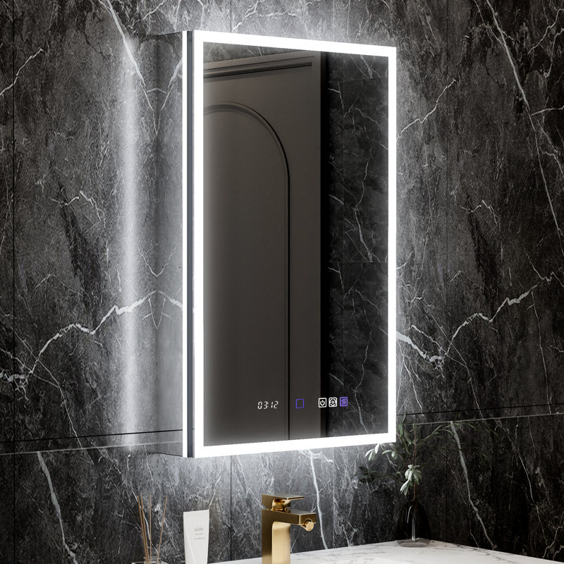 Armoire de salle de bain multifonctionnelle 20 po x 32 po, éclairage intégré, température de couleur continue, armoire à DEL intelligente côté miroir avec miroir grossissant 5X, fonction brouillard et tablettes de rangement