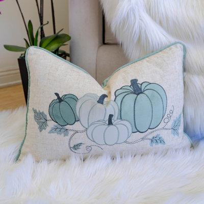 Coussin lombaire brodé citrouille - Coussin décoratif bleu brumeux d'automne