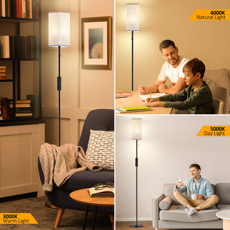 Adjustable White Metal Floor Lamp with Beige Linen Shade