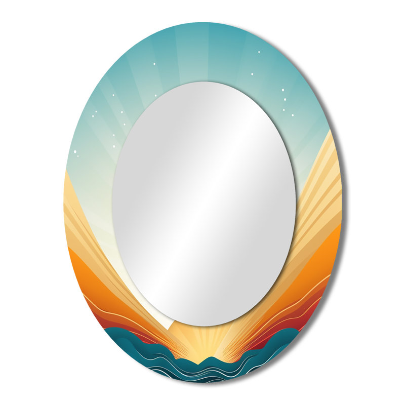 Miroir décoratif ovale abstrait sur support métallique, avec un motif graphique audacieux représentant un coucher de soleil dans des tons bleu sarcelle et orange