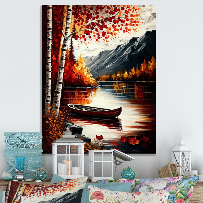 Bouleaux rouges et oranges au bord du lac Lylah - reproduction, H 20 po x l 12 po x P 1 po, Toile tendue