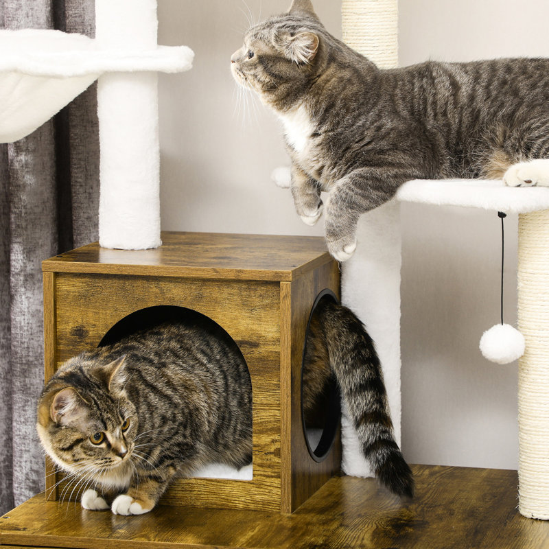 Arbre à chat avec bac à litière, coussin moelleux brun rustique et poteaux à griffes pour les chats de 12 lb et 21 tours - Repose-pieds confortable