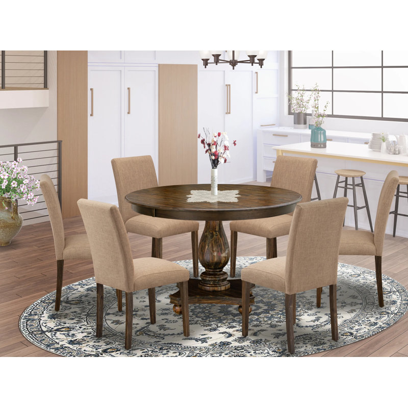 7 Piece Dining Room Table Set Consist of a Round Dining Table with Pedestal and 6 Light Sable Linen Fabric Upholstered Chairs, Distressed Jacobean