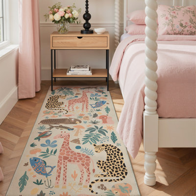 Aarna Safari Jungle Animals & Botanical Kids Area Rug, Machine Washable, Inspired Faux Wool - High-Rebound Foam & Non-Slip Backing
