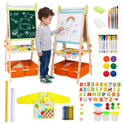 Chevalet d'art à double face pour enfants avec tableau blanc et tableau noir, chevalet de dessin rose à hauteur réglable avec rangement et fournitures artistiques