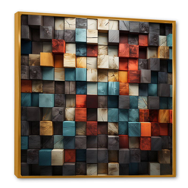 «Blue and Red Abstract Cubes III - Abstract Cubism», reproduction d'art murale, Cadre flottant doré