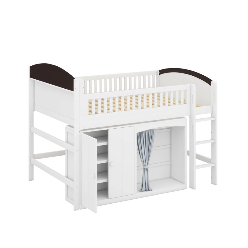 Lit mezzanine en bois avec tête de lit à DEL et garde-robe et armoire de rangement, cadre de lit mezzanine avec garde-corps de sécurité