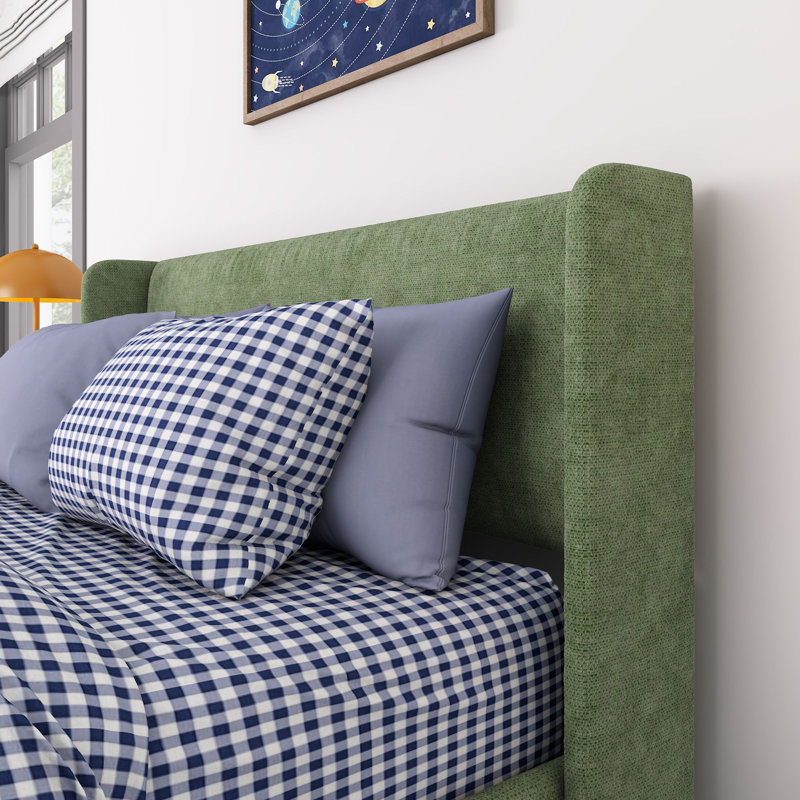 Solid Wood Upholstered Panel Bed with Rectangular Headboard, Full, Green