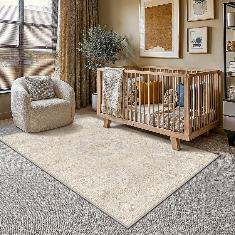 Tapis persan rétro Velora avec lavable à la machine et antidérapant, Ivory, Rectangle 3 pi x 5 pi