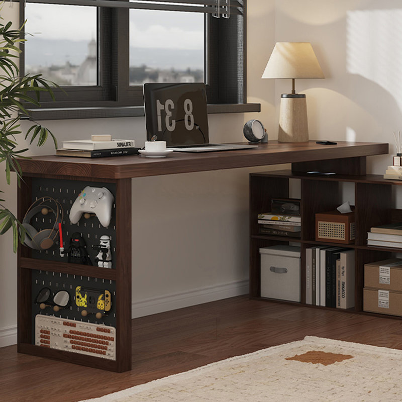 Noyer foncé + bureau en bois massif en forme de L noir + fer, H 29,53 po x l 70,87 po x P 35,43 po, Retour à droite