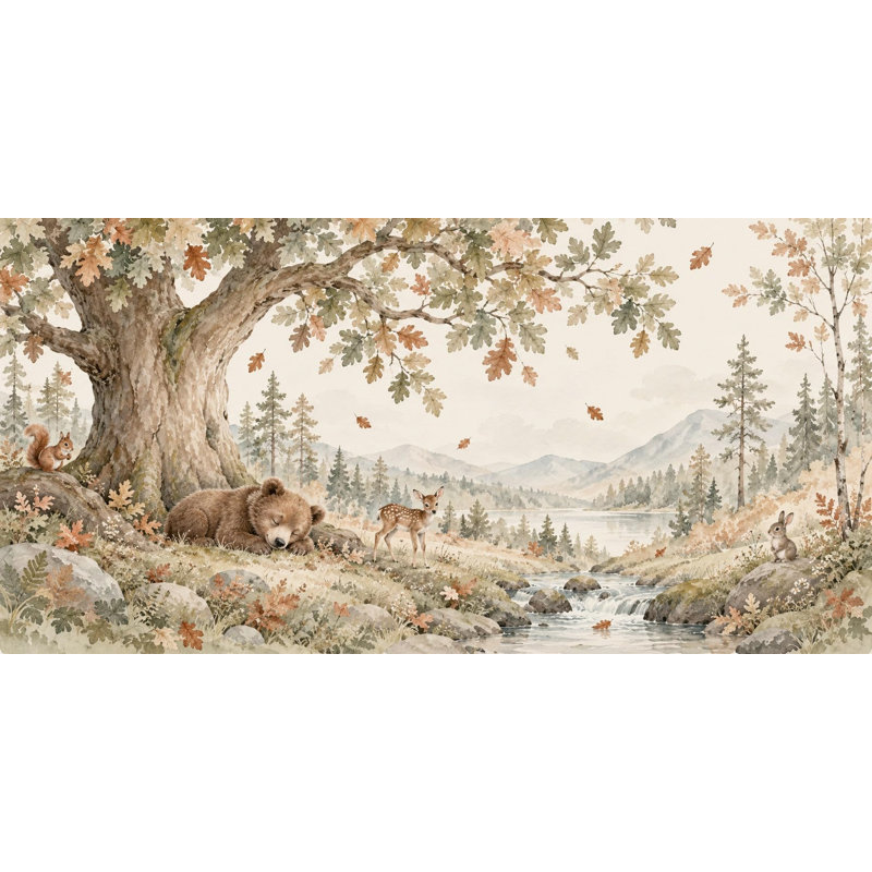 Sleeping Bear Oak Wallpaper Mural, Peel and Stick Kids Room Wall Mural, Watercolor Woodland Nursery Wallpaper, 406 x 254 cm