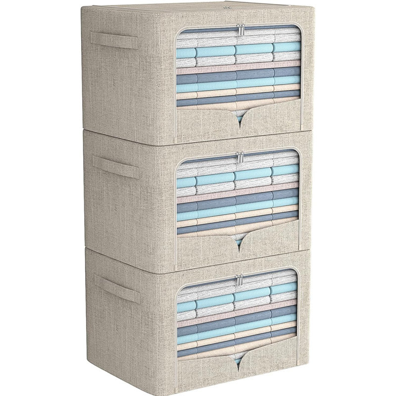 Ensemble de 3 bacs de rangement pour vêtements, boîte de rangement pliable en métal, ensemble de rangement en tissu empilable avec poignées de transport et fenêtre transparente