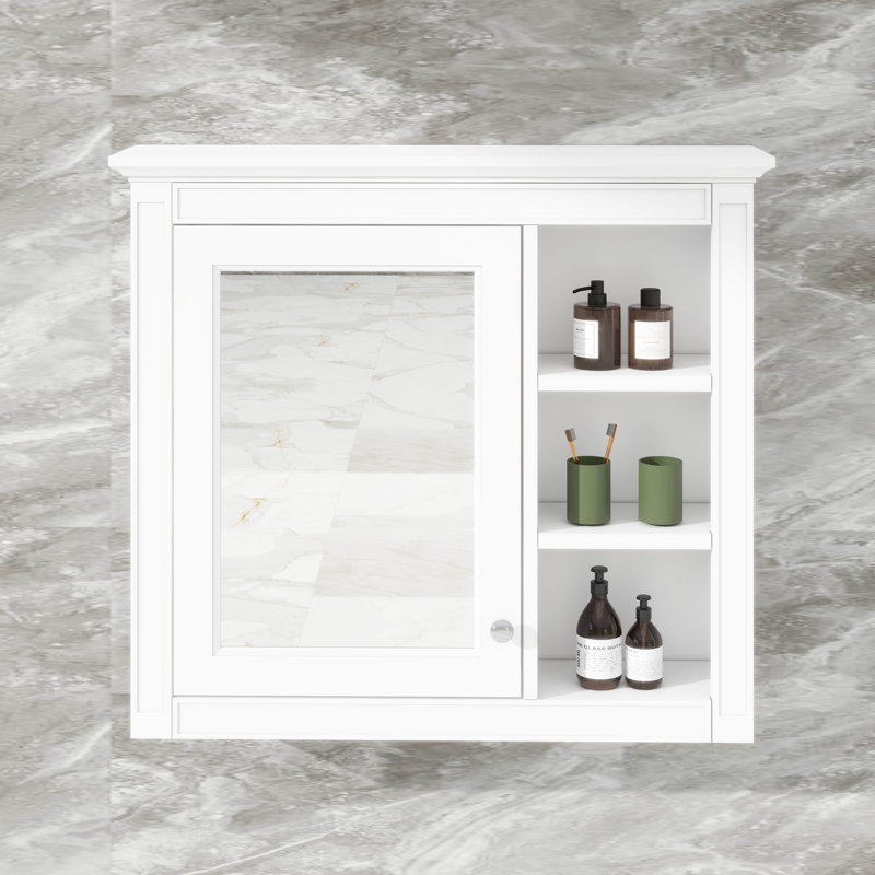Armoire de salle de bain moderne avec miroir, armoire à miroir avec 6 tablettes ouvertes, Blanc