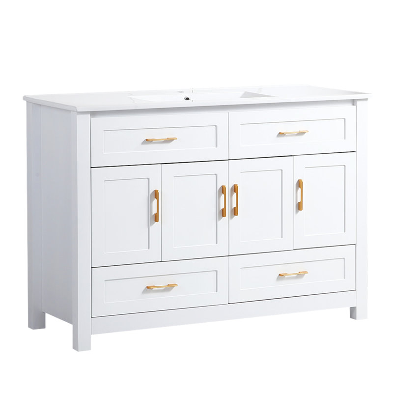 Meuble-lavabo 48 po avec lavabo en céramique et tiroir, porte, armoire de rangement, Blanc