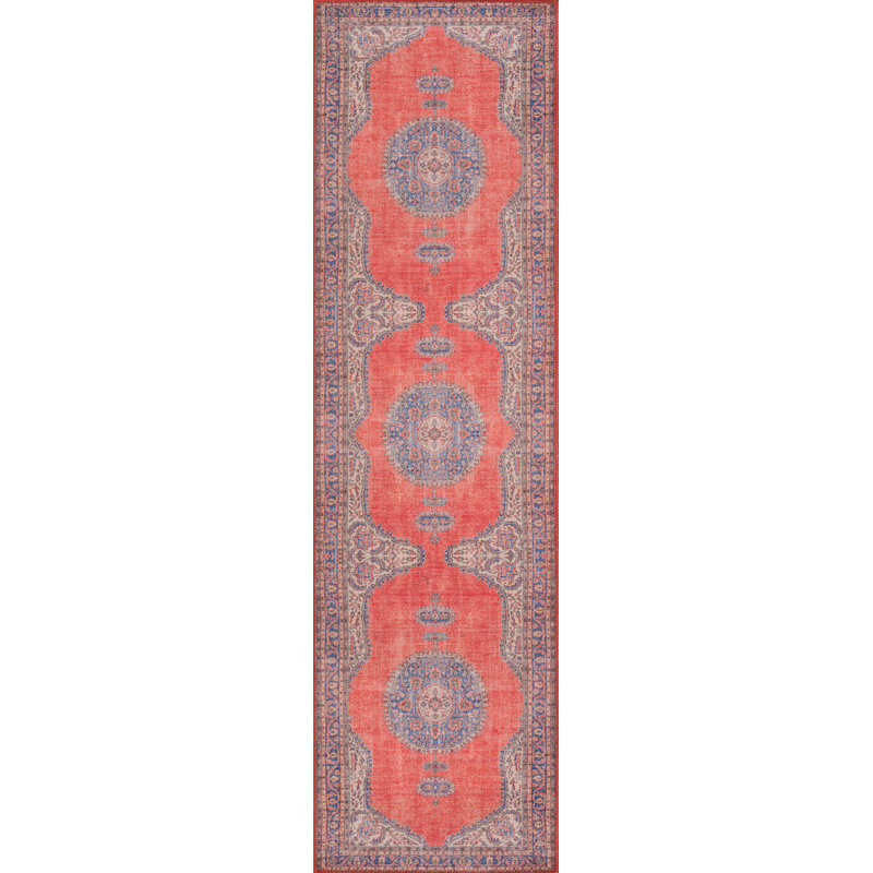 Oriental Power Loom Red/Blue/Ivory Area Rug, Runner 2'3" x 7'6"