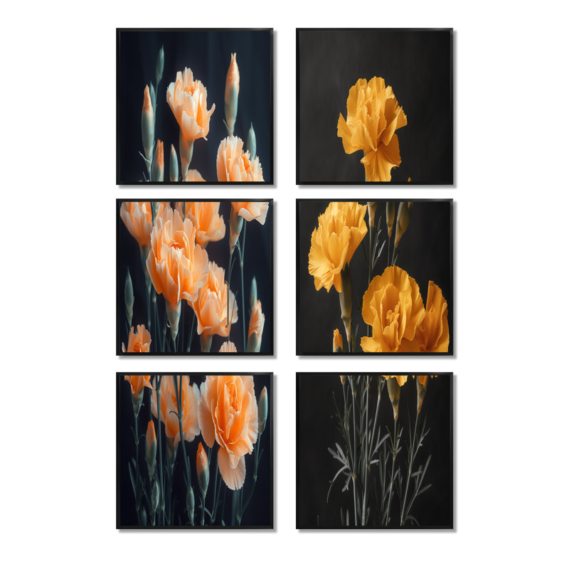 Monochromes jaunes et noirs, œillets, photo de fleurs, œillets, ensemble de salon, ensemble de 6, Noir