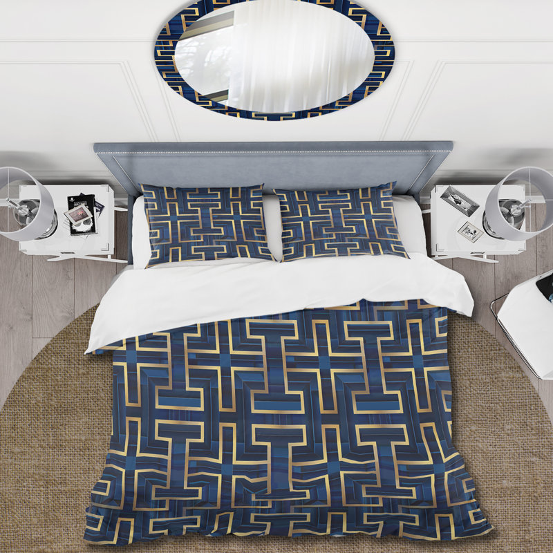 Ensemble de housse de couette Gold Blue Midcentury Maze II - Midcentury, Housse de couette pour grand lit + 2 taies décora