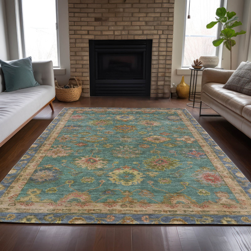 Machine Washable Indoor/Outdoor Xhevrie Teal Rug, Rectangle 3' x 5'