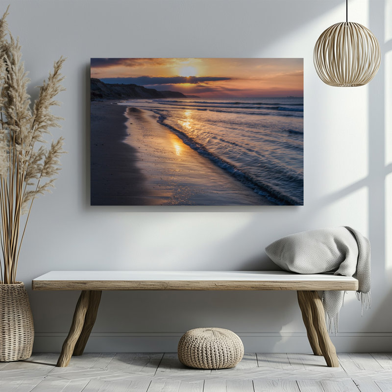 Toile, "Une scène de plage sereine au coucher du soleil avec des vagues douces", art mural sur toile, H 9 po x l 12 po
