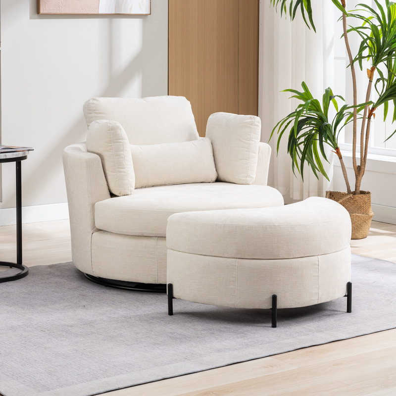 Kavonta Upholstered Slipcovered Swivel Barrel Chair with Ottoman, Beige Chenille