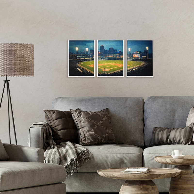 Baseball Stadium Night View, ensemble de 3 giclées encadrées, design par Arlington Prints, Encadrement giclée blanc côtier