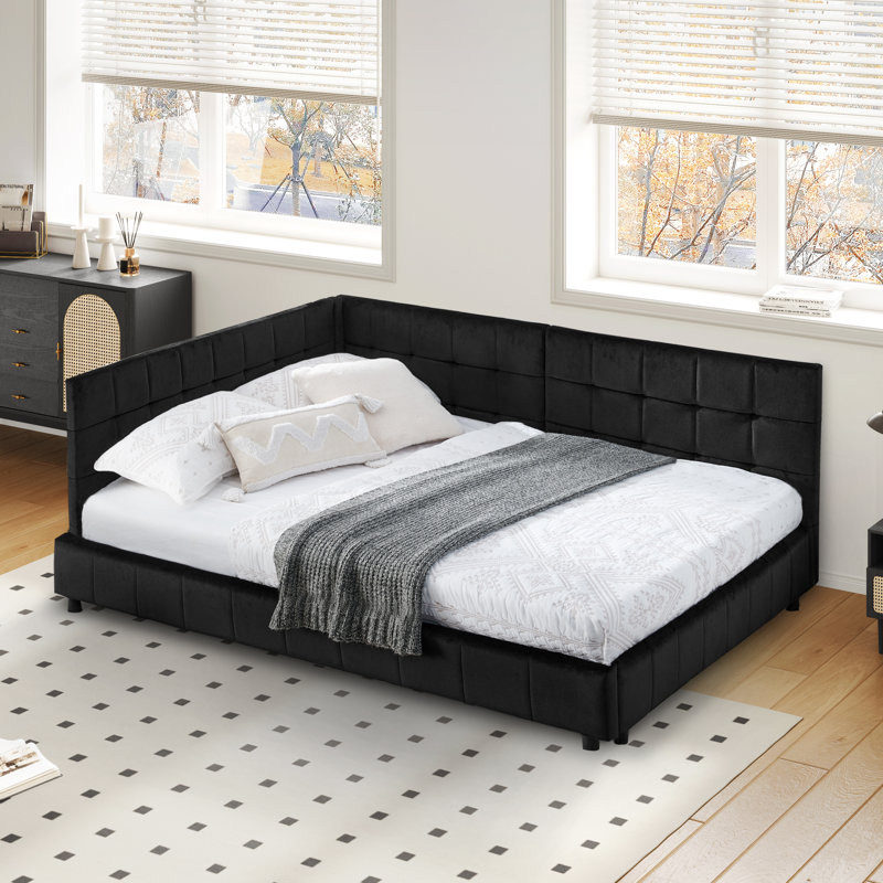 Reversible L-Shape Upholstered Platform Bed With Velvet Fabric Design, Black, Full