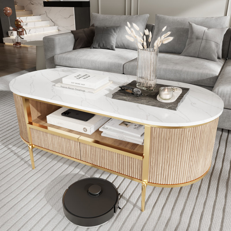 48" Luxury Faux Marble Coffee Table With Curved Fluted Design, Tan/Tan