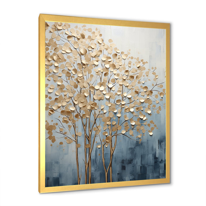 Minimalisme, arbres dorés et bleus scène VII - arbres, art mural, Cadre doré simple, H 20 po x l 12 po x P 1 po