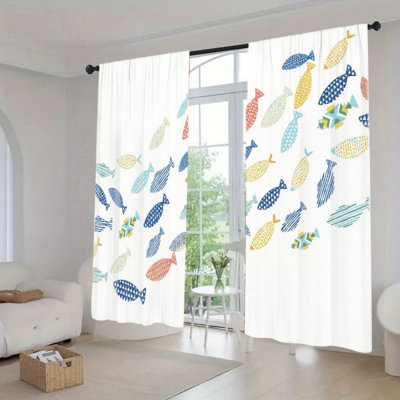 2 pièces rideaux à motifs de poissons abstraits, rideaux à passe-tringle à thème océan coloré pour le salon, la cuisine de la chambre à coucher, le panneau de décoration de fenêtre, la décoration artistique boho mignonne, la maison moderne, les traitements esthétiques