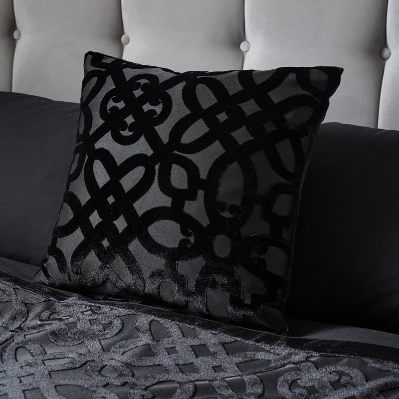 Lattice Cut Velvet Embellished 43x43cm Cushion with Inner, Black